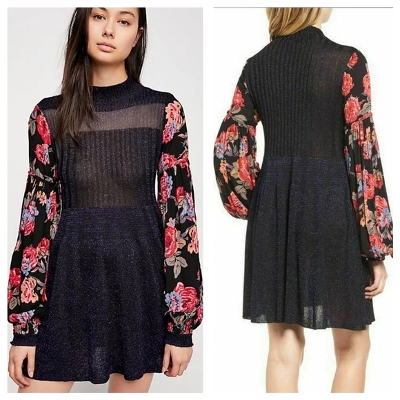 Free People Black Metallic Floral Knit Dress Sz S Ballon Sleeve Cottagecore Fall - Picture 12 of 12